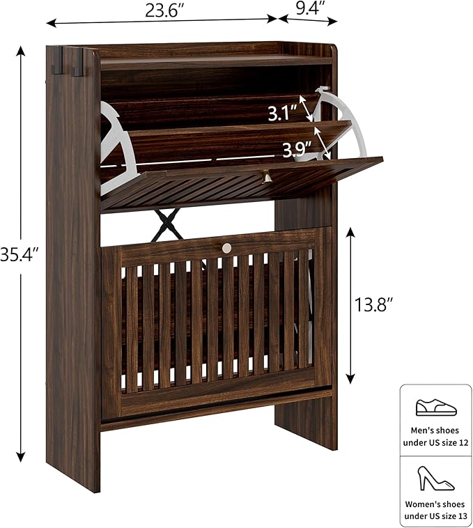 wanan 24" Shoe Cabinet with 2 Flip Slatted Drawers, Adjustable & Removable Panels, Narrow Shoe Cabinet Storage for Entryway, Hallway, Shoe Rack Organizer Cabinet, Walnut
