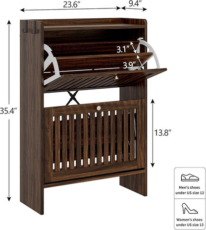 wanan 24" Shoe Cabinet with 2 Flip Slatted Drawers, Adjustable & Removable Panels, Narrow Shoe Cabinet Storage for Entryway, Hallway, Shoe Rack Organizer Cabinet, Walnut