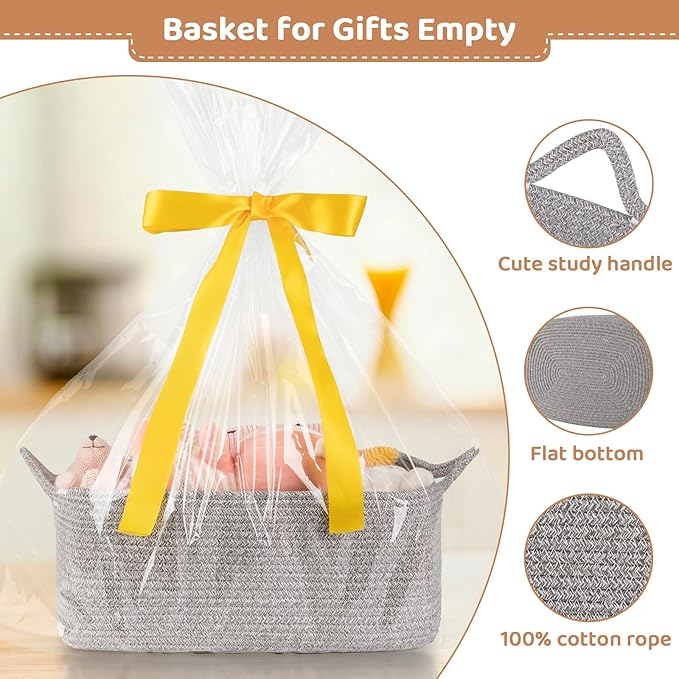 Large Empty Gift Baskets for Baby Shower, 16.5" L x 12.6" W x 7" H Cute Woven Storage Basket with Gift Bags and Ribbons, Small Rope Toy Basket with Handles, Cat Dog Pet Toy Organizer - Grey