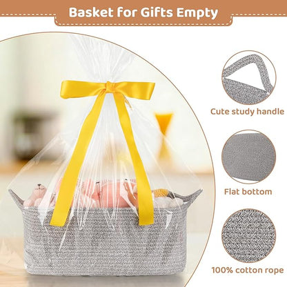 Large Empty Gift Baskets for Baby Shower, 16.5" L x 12.6" W x 7" H Cute Woven Storage Basket with Gift Bags and Ribbons, Small Rope Toy Basket with Handles, Cat Dog Pet Toy Organizer - Grey