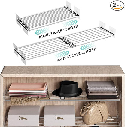 2Pack Expandable Closet Tension Shelves Organizers, Adjustable Wall Mounted Tension Shelf for Cabinet Rack Storage Wardrobe Divider Shelving for Closets Pantry Cupboard Kitchen