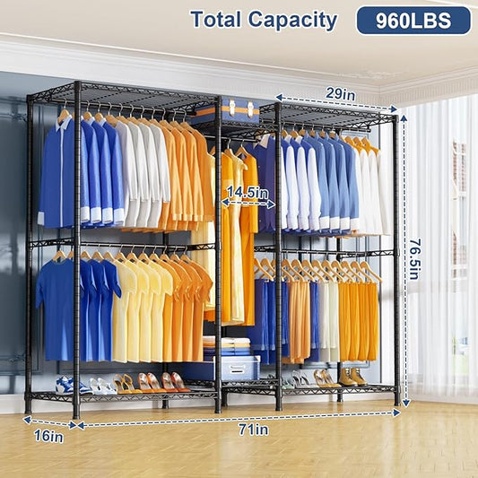Ulif E12 Clothes Rack，Heavy Duty Freestanding Garment Rack with Shelves，Metal Clothing Closet Storage System for Hanging Clothes，71" W x 16" D x 76.5" H, Hold 960 lbs，Black