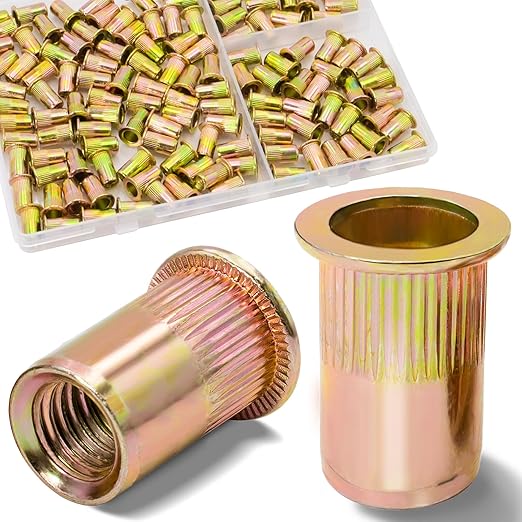 10-24 UNC Rivet Nut, 125Pcs Zinc Plated Finish Carbon Steel Flat Head Threaded Insert Nutsert Kit