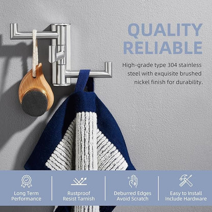 Angle Simple Swivel Towel Hook 3 Arms, SUS304 Stainless Steel Foldable Robe Towel Hook for Bathroom, Wall Coat Holder, Brushed Nickel