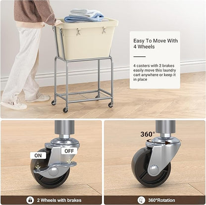 ELYKEN Rolling Laundry Hamper with Wheels, Laundry Cart with Removable Bag, Heavy Duty Metal Frame, 2-Tier Clothes Basket Hamper with Shelf for Closet, Bedroom, Bathroom, Laundry Room, Cream