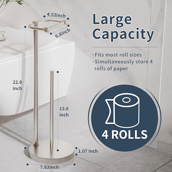 Toilet Paper Holder Stand, Post Pivoting Design Free Standing Toilet Paper Holder with Storage for 4 Rolls, SUS304 Stainless Steel Tissue Holder with Reserve, Heavy-Duty Base (Brushed Nickel)