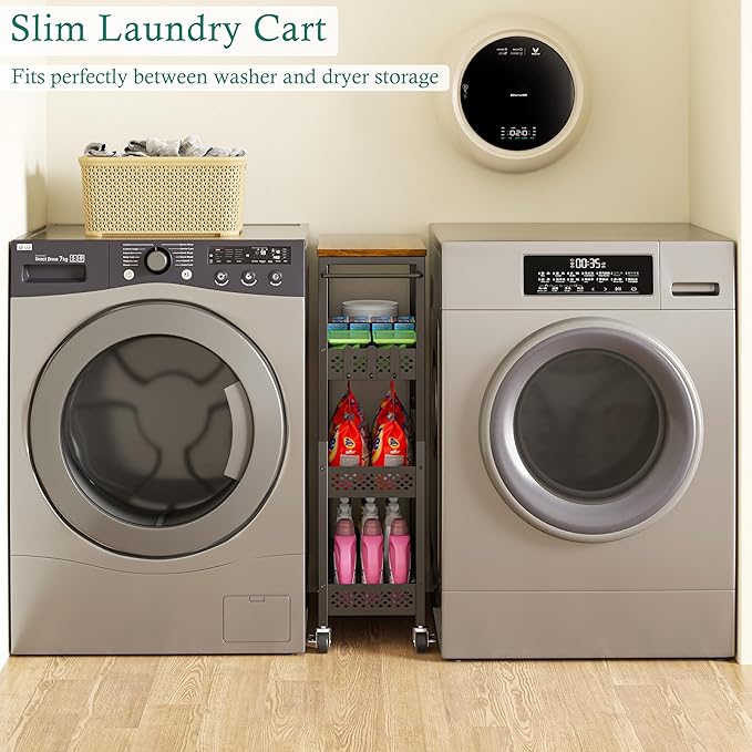 Slim Storage Cart 4 Tier Fruit and Vegetable Baskets for Kitchen Small Space, Narrow Laundry Cart on Wheels with Wooden Top and Metal Handle for Pantry, Bathroom, Laundry Room