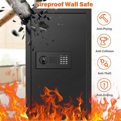 25.6" Tall Fireproof Wall Safes Between the Studs 16" Centers, Hidden Wall Safe with 2 Removable Shelf & Hidden Tray, Heavy Duty Wall Mount Safe for Money, Jewelry, Passport, Valuables