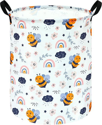 Rainbow Bee Print Canvas Laundry Basket,Waterproof Storage Bin with Handles 15.7" D×19.7" H Foldable Toy Organizer Decor Gift Basket for Kids' Bedroom & Home Organization