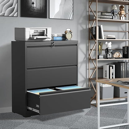 3 Drawer File Cabinet, Black Office Cabinets with Lock, Heavy Duty Metal Filing Cabinet for Home Office, Horizontal Lockable File Cabinet for Legal/Letter/A4 Size Files, Require Assembly
