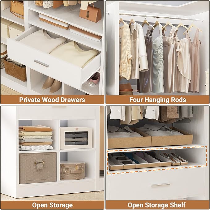 Unikito 86" Corner Closet System, Modular Closets Organizer with 4 Hanging Rods and 2 Drawers, Freestanding Adjustable Wood Clothes Garment Rack with Storage Shelves, White