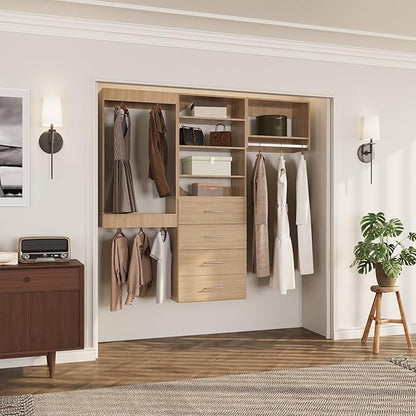 ROOMTEC Modular Closet System, 84" Wall Mounted Closet Organizer with Hanging Rods and Drawers, Modern Wooden Tower for Walk-In Closets, Wardrobe Storage Kit, Wood