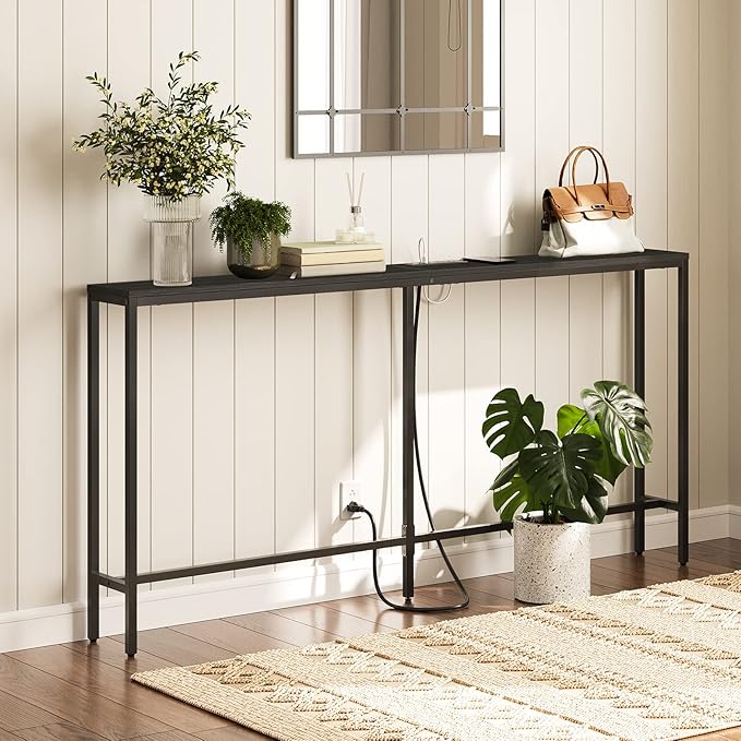 63" Console Table with Power Outlet, Narrow Sofa Table, Industrial Entryway Table with USB Ports, Behind Couch for Entryway, Hallway, Foyer, Living Room, Black CTHB16E01