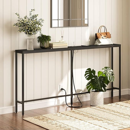 63" Console Table with Power Outlet, Narrow Sofa Table, Industrial Entryway Table with USB Ports, Behind Couch for Entryway, Hallway, Foyer, Living Room, Black CTHB16E01