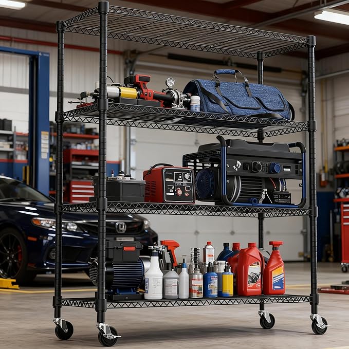 1400LBS 47.2" W 4 Tiers Storage Shelves Metal Shelving Unit with Wheels Heavy Duty Garage Shelving Adjustable Wire Shelves for Pantry,Kitchen,Garage,Basement,Black 17.7" D x 47.2" W x 62.7" H