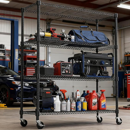 1400LBS 47.2" W 4 Tiers Storage Shelves Metal Shelving Unit with Wheels Heavy Duty Garage Shelving Adjustable Wire Shelves for Pantry,Kitchen,Garage,Basement,Black 17.7" D x 47.2" W x 62.7" H