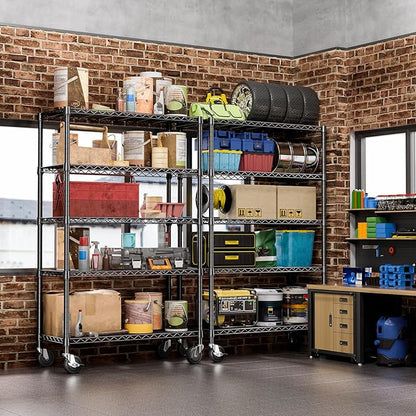 IZEUK 5-Tier Storage Shelving Unit with Wheels, Adjustable Heavy Duty Steel Wire Rack Organizer (Black, 17.7" D x 47.2" W x 76.7" H, 1750 lbs Capacity) for Garage, Kitchen, Office, Laundry, Basement