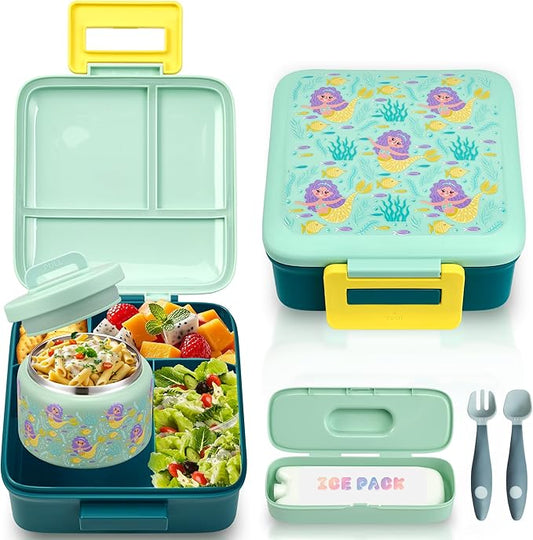 Bento Lunch Box for Kids with 8oz Soup Thermo Leak-Proof Lunch Food Containers with Snack Sauce Container for Kid Girls Boys to School (Yellow Mermaid)
