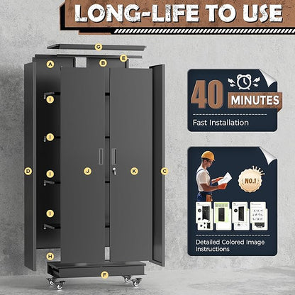INTERGREAT73 Garage Storage Cabinet with Wheels, Rolling Metal Storage Cabinet with Locking Doors and 4 Adjustable Shelves,- 73" Steel Tool Cabinet for Home Office,Garage,Warehouse，Black