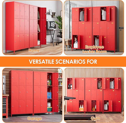 Aobabo New 9 Doors Metal Storage Locker for Employees, Lockable Steel Locker with Name Card Slot and 27 Hooks for School Office Gym Garage, Red, Assembly Required