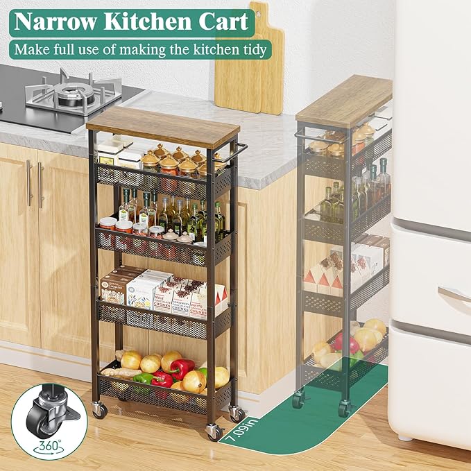 Giwil Slim Storage Cart 5 Tier Narrow Kitchen Rolling Cart on Wheels for Small Space, Metal Utility Cart Narrow Bathroom Storage Cabinet Mobile Shelf Unit Organizer with Wood Top and Handle, Black