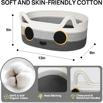 Cat Toy Basket, Small Woven Cat Toy Storage Box with Cute Ear Handle Indoor, Cotton Rope Storage Bin with Embroidered Face for Home Decor, Pet Bed, Nursery Kids Room Organization, 3-tone Gray