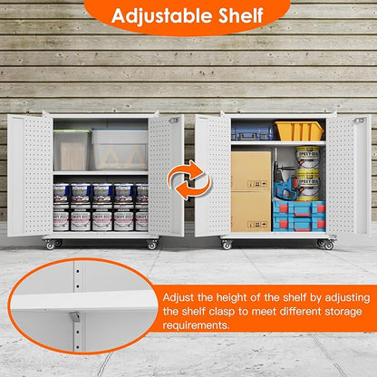 Aobabo 31.5' H Metal Rolling Storage Cabinet, Locking Steel Storage Cabinet on Wheels with Pegboards and 4 Hooks, for Office, School, Home, Library, White, Assembly Required