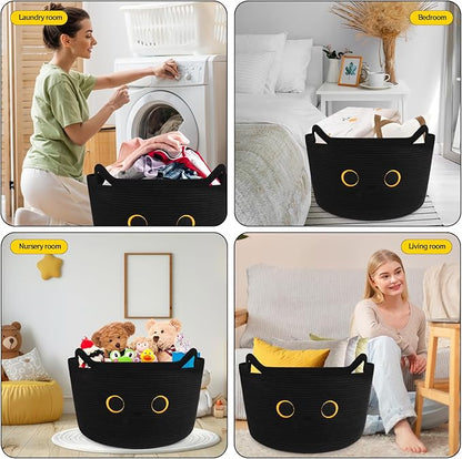 Large Black Cat Basket for Nursery, Cute Cat Woven Laundry Blanket Cotton Rope Extra Storage Basket with Handles, 0rganize Decorative Gifts for Towels Pillow Clothes Hamper Toy Bin,23"D×13"H