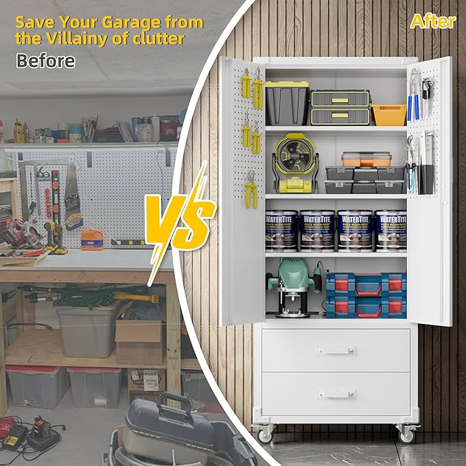 Garage Storage Cabinet with 2 Drawers and Pegboard, Metal Storage Cabinet with 2 Lockable Doors for Garage Home Warehouse,Required Assembly,White,71.2" H*15.2" D*30" W