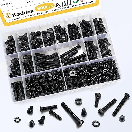 Kadrick Metric Screws Assortment,600 Pcs M6 Screws Nuts Washers Assortment M6x8MM-40MM, Hex Socket Button & Cap Head M6 Machine Bolts Kit, 12.9 & 10.9 Grade Alloy Steel Black