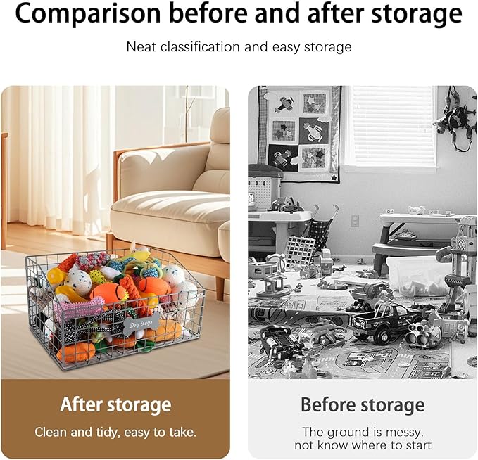 Dog Toy Basket Medium,Pet Storage Toys Box Metal Organizer Bin Dogs Wire Rack Container for Food Baskets Living Room Bins Plastic Supplies Boxes Puppy Cat Chest Organizers Treat Cabinet Gray Crate