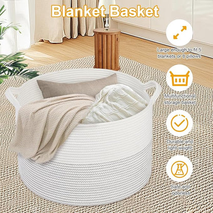 Large Girl Laundry Basket,20''x13''Woven Cotton Rope Laundry Hamper,Baby Blanket Basket for Living Room;Toy storage;Woven basket;Nursery Hamper,Storage Bin,Home Room Decor (White)