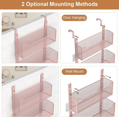 Over The Door Organizer, Metal Door Organizer Hanging with 5 Adjustable Baskets and Coat Hook, Behind The Door Storage for Bedroom Closet Bathroom Pantry Cabinet Kitchen, Pink