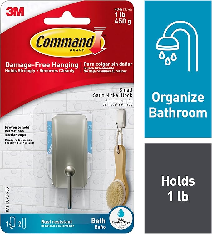 Command BATH33-SN-ES Bath Hooks, Satin Nickel, 4 Count