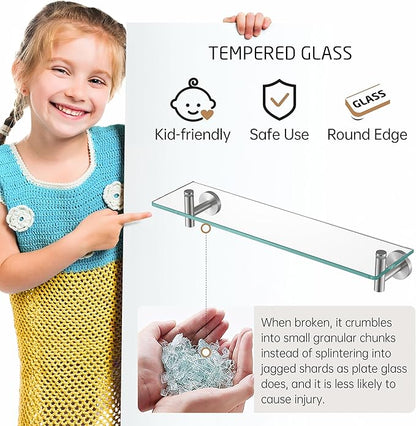 KES Glass Shelf for Bathroom, Floating Glass for Wall Shelves 20-Inch 3 Pack Rectangular Stainless Steel Brackets Wall Mounted Brushed Finish, A2021-2-P3