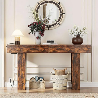 63" Industrial Console Table with Outlets and 2 Drawers, Rustic Long Sofa Table for Living Room, Bedroom, Hallway, Entryway Storage and Display