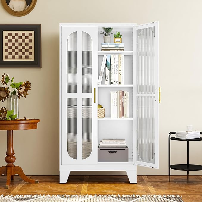 61" Metal Kitchen Pantry Storage Cabinet with 2 Acrylic Glass Doors ＆ 3 Adjustable Shelves, Versatile Food Freestanding Cupboard for Kitchen, Dining Room, Bathroom and Garage (White)