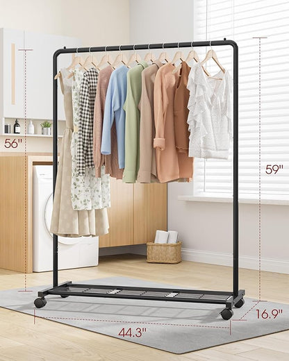 Clothes Rack - Clothing Rack with Storage Mesh Shelf & Casters, Heavy-Duty Metal Clothing Rack for Hanging Clothes, Dresses, Coats, Large Load Capacity, Easy Assembly, Black, 44.3"x16.9"x59.0"