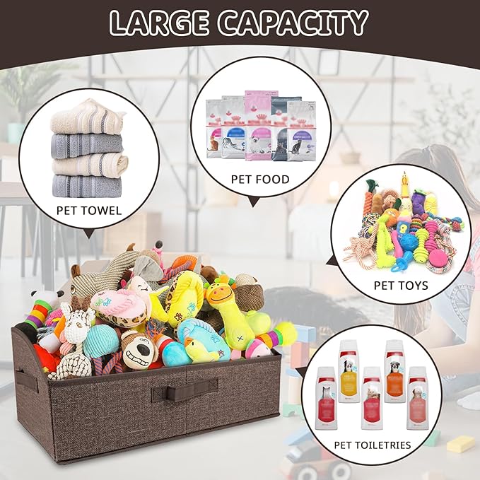 Foldable Pet Toy Storage Box with 3 Handles, Portable Organizer Basket for Dog Toys, Blankets & Accessories, Dark Brown