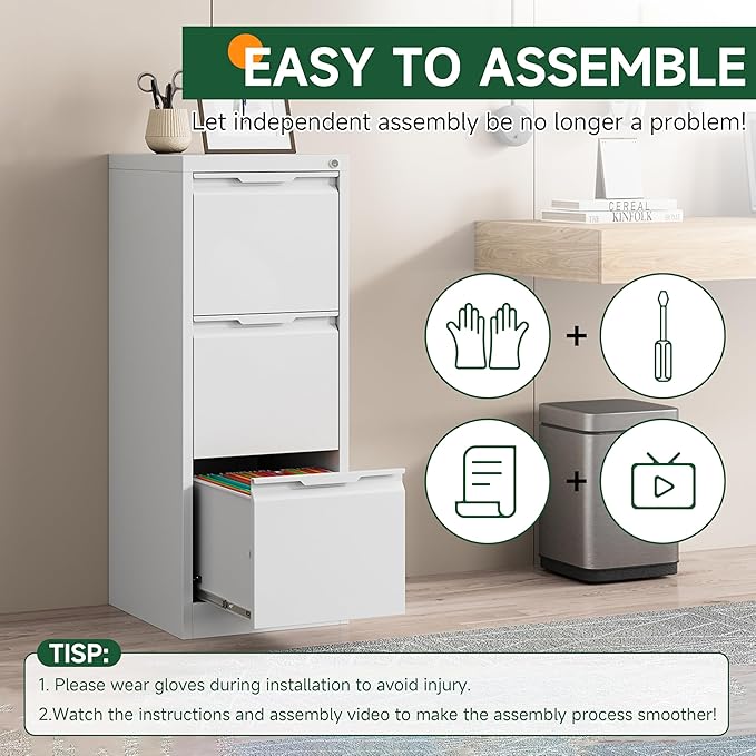 3 Drawer File Cabinet with Lock, White Vertical Filing Cabinets for Home Office, Locking Metal File Cabinet for Letter/Legal/A4/F4 Size, Assemble Required