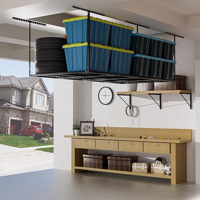 GIOTORENT 4x8FT Garage Ceiling Storage Racks, Overhead Garage Shelving Rack, Heavy Duty Metal Warehouse Storage Organization System, 700lbs Capacity, Adjustable Ceiling Mounted, Black