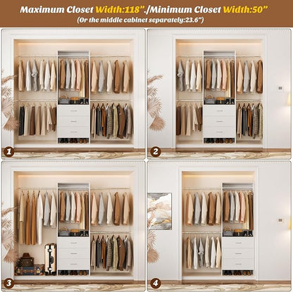 Aheaplus Closet System, Closet Organizer with 3 Wooden Drawers, Closet Organizer System, Walk-in Closet Wardrobe Clothes Rack with 4 Hanging Rods, Garment Rack, -4R, White