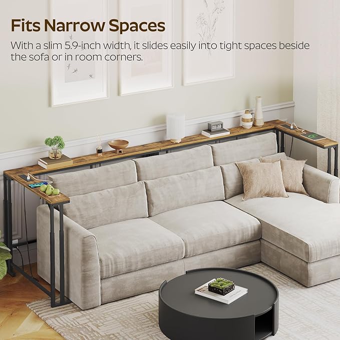 78.7" Narrow Console Table with Adjustable Height (27.6"-35.4"), L Shaped Sofa Table Narrow Long, Skinny Behind Couch Table with USB-C Ports, 5.9" Wide Sofa Side Table, Rustic Brown CT29UBR