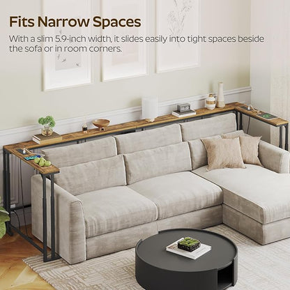 78.7" Narrow Console Table with Adjustable Height (27.6"-35.4"), L Shaped Sofa Table Narrow Long, Skinny Behind Couch Table with USB-C Ports, 5.9" Wide Sofa Side Table, Rustic Brown CT29UBR