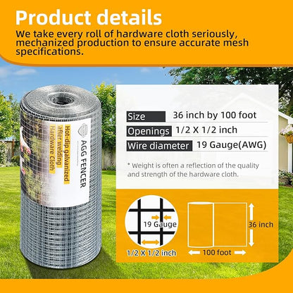 36inch x 100ft Hardware Cloth 1/2 inch Chicken Wire Fencing 19Ga, Hot Dipped Galvanized After Welding Garden Plant Supports Welded Metal Chicken Wire Fence Poultry Animal Netting Cage Screen