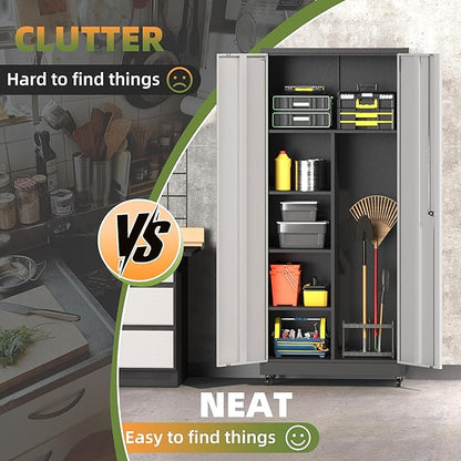 Metal Garage Storage Cabinet with Wheels, Locking Broom Closet Storage Cabinet with Adjustable Shelves, 71" H Tool Cabinet for Utility Room, Workshop, Warehouse