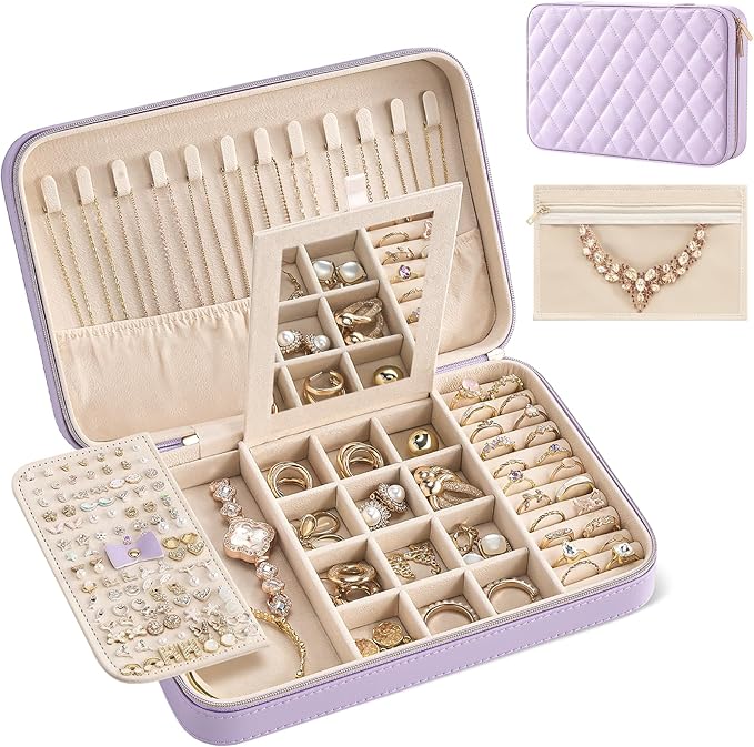 Lolalet Travel Jewelry Case for Women Girls, Travel Jewelry Organizer Box with Mirror & Clear Storage Bag, Small Portable Earring Necklace Bracelet Ring Case, Birthday Valentine Gifts -Large, Purple