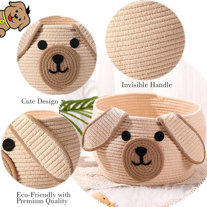 Zopeal Dog Woven Basket Cute Woven Cotton Rope Puppy Animal Storage Basket for Laundry Toy Gift(Khaki,13 x 8 Inch)