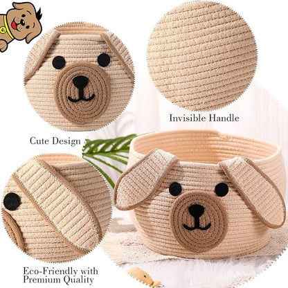 Zopeal Dog Woven Basket Cute Woven Cotton Rope Puppy Animal Storage Basket for Laundry Toy Gift(Khaki,13 x 8 Inch)