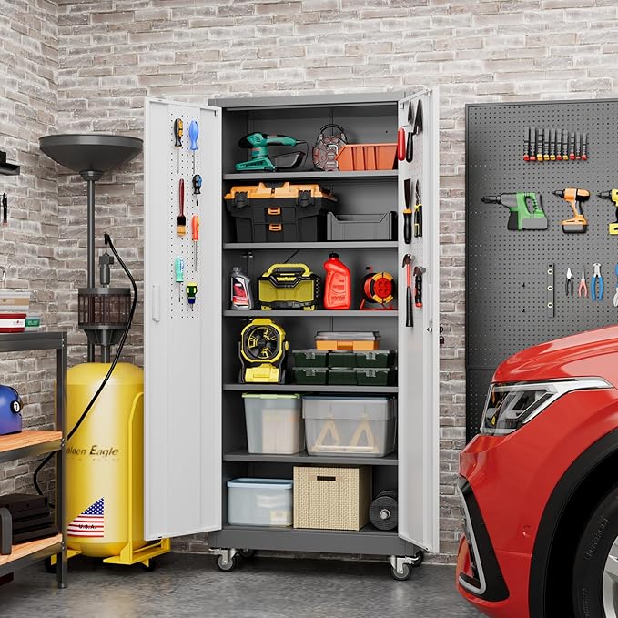 71" H Garage Storage Cabinet with Wheels, Lockable Metal Storage Cabinet with Doors,5 Adjustable Shelves and Pegboard for Garage Home Utility Room,Required Assembly,Grey&White